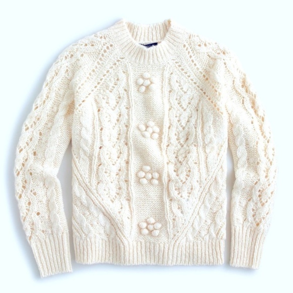 J.Crew Cable Knit Pointelle Popcorn Flowers Alpaca Wool Mix Sweater EUC M